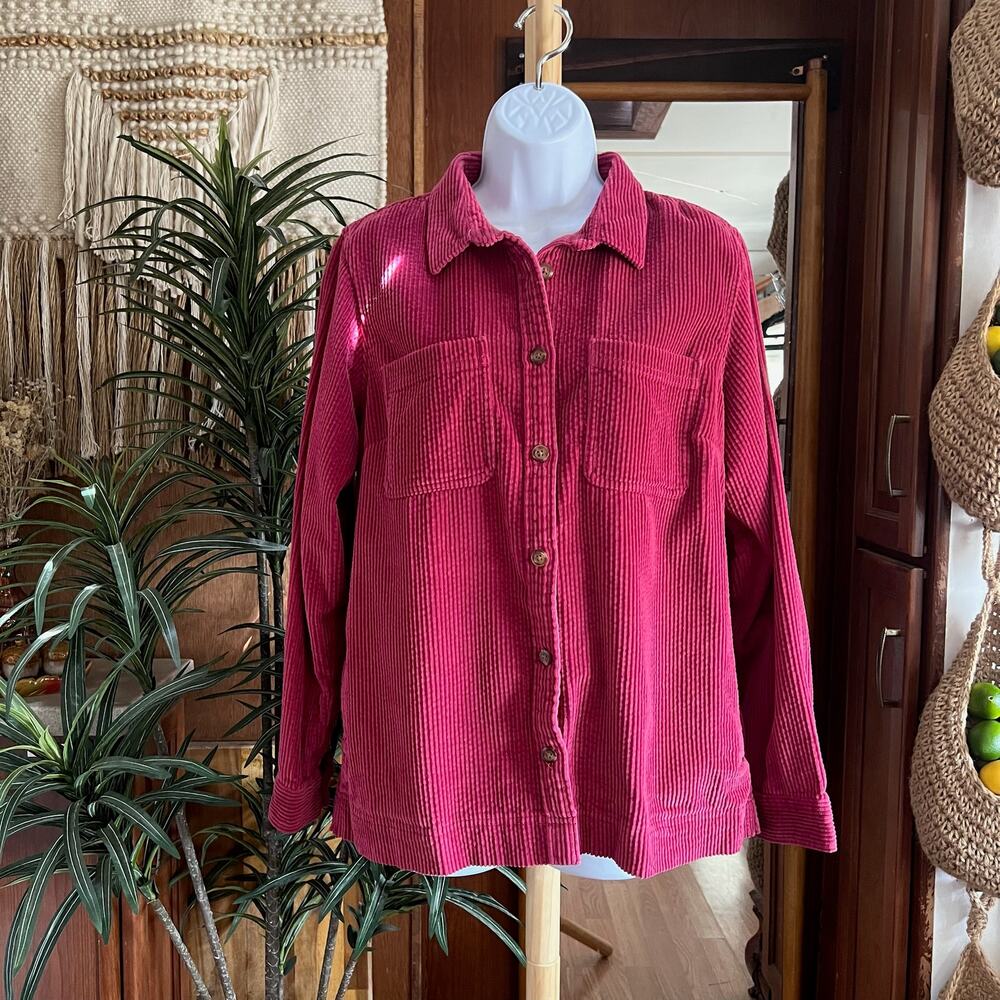 LL Bean Corduroy Shirt Womens M Burgundy Button Front Cotton Overshirt Pockets